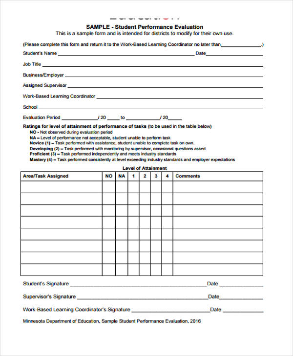 sample student performance evaluation form