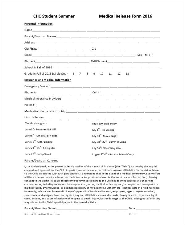 sample summer medical release form