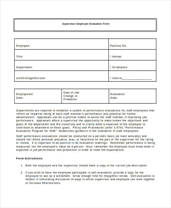 sample supervisor employee evaluation form