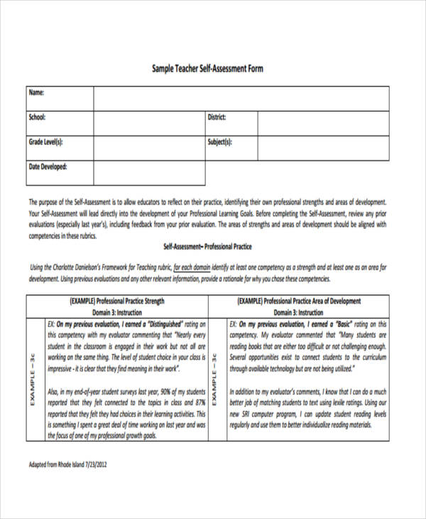 sample teacher self assessment form