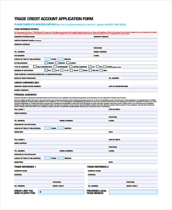 sample trade credit application form