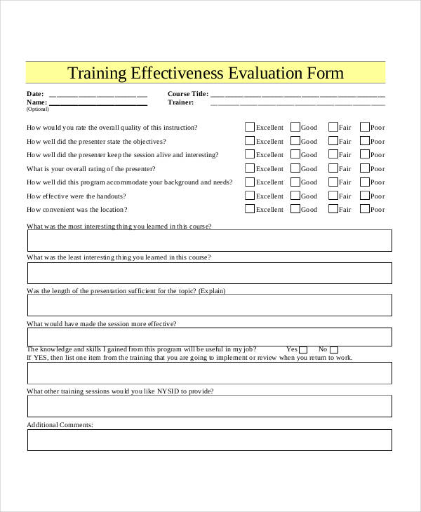 sample training effectiveness evaluation form