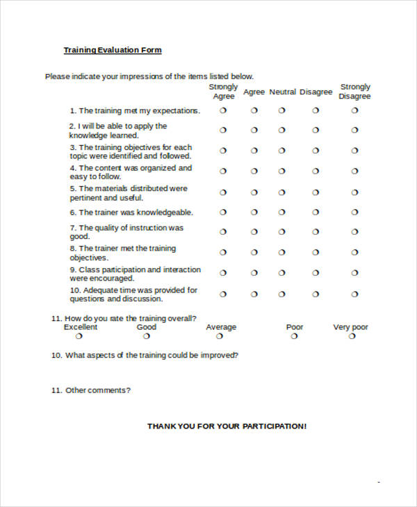 sample training evaluation form