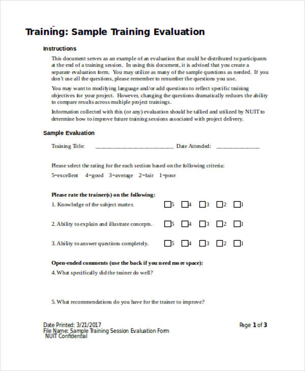 sample training session evaluation form