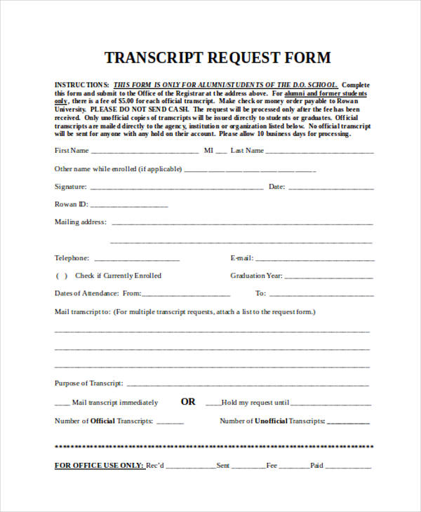sample transcript request form
