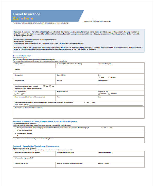 sample travel insurance claim form