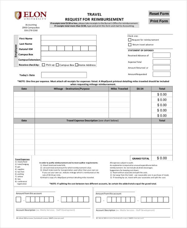 sample travel request reimbursement form