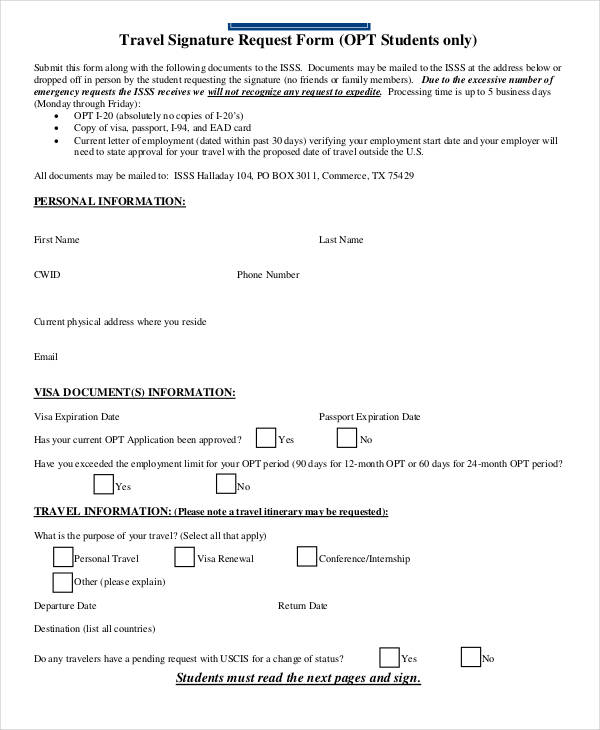 sample travel signature request form