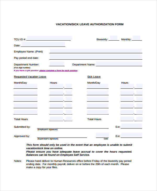 sample vacation leave authorization form