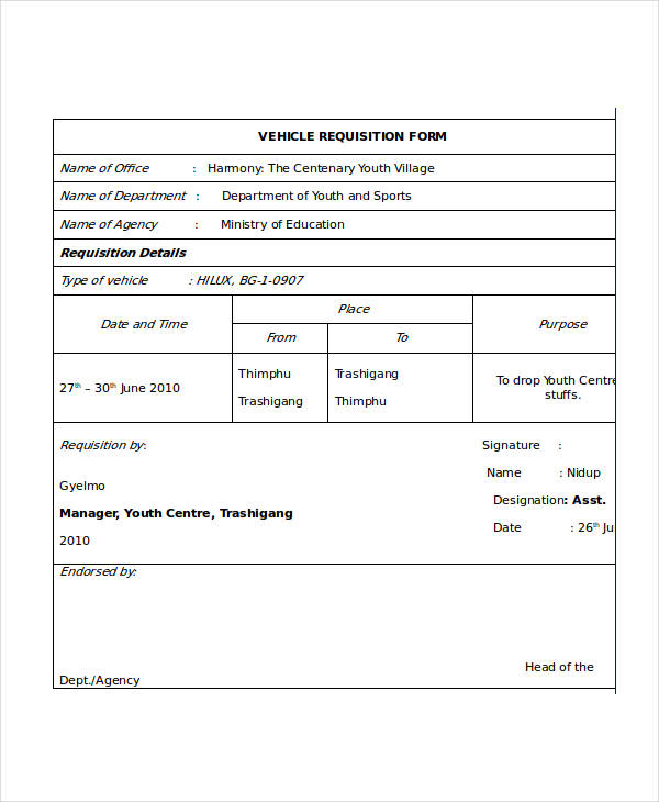 sample vehicle requisition form