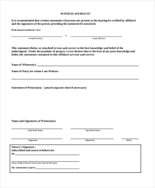 sample witness affidavit form