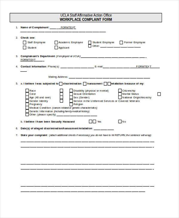sample workplace complaint form