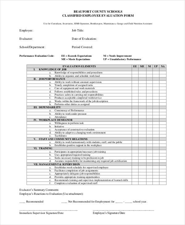 school classified employee evaluation form