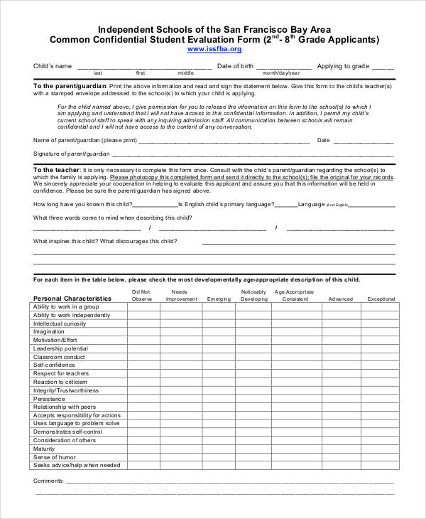 school common student evaluation form