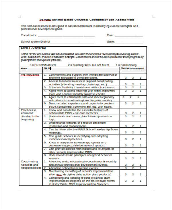 school coordinator self assessment form