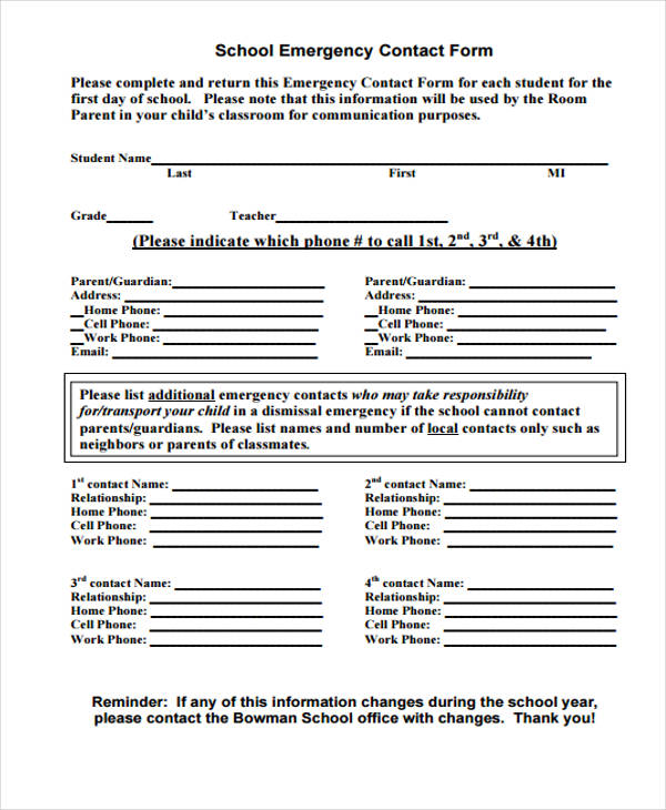 school emergency information contact form