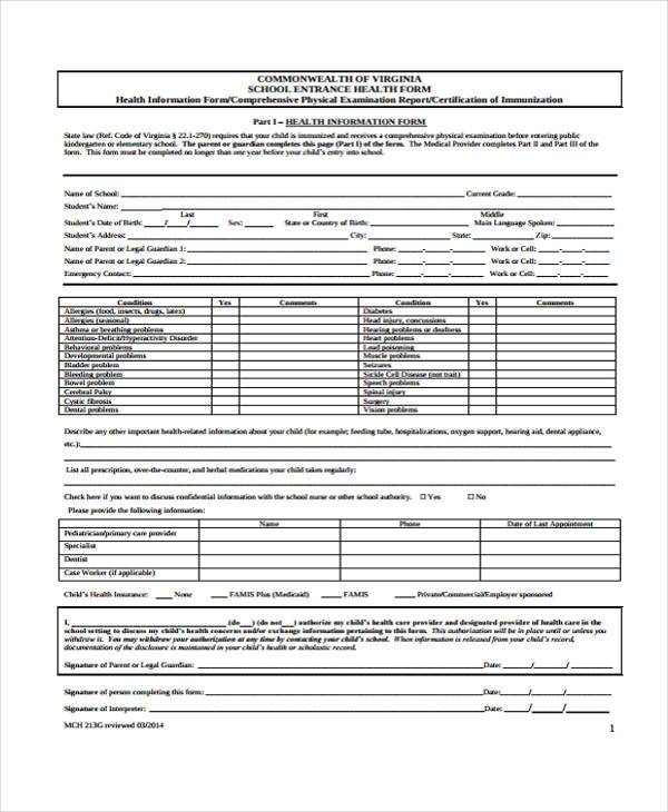 health form school for Templates Medical Form