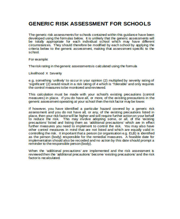 school generic risk assessment form
