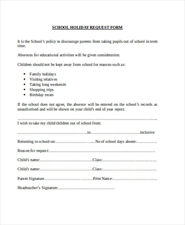 request school holiday letter