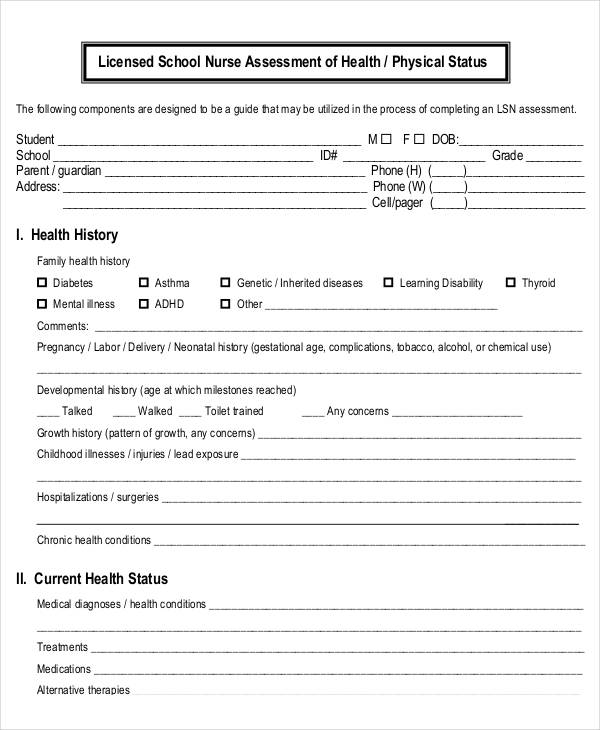 school nursing physical assessment form