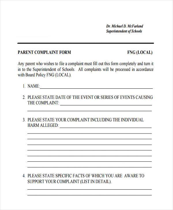 school parent complaint form
