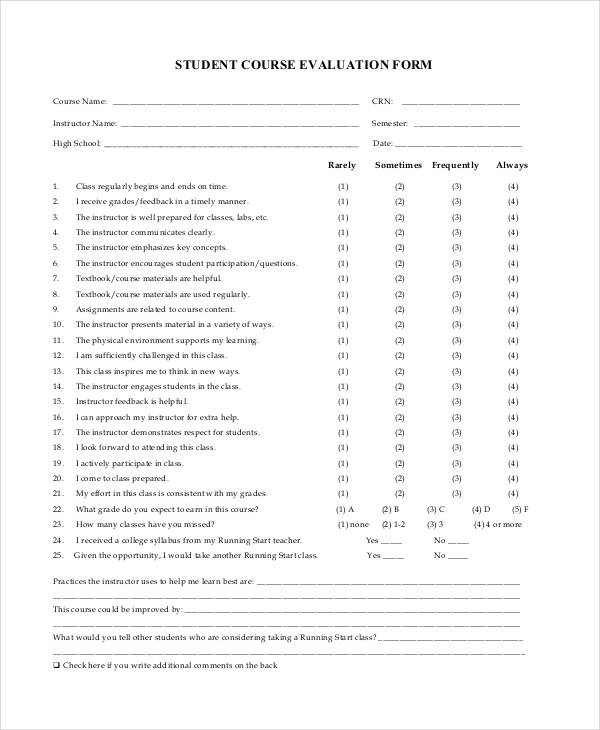 school student course evaluation form