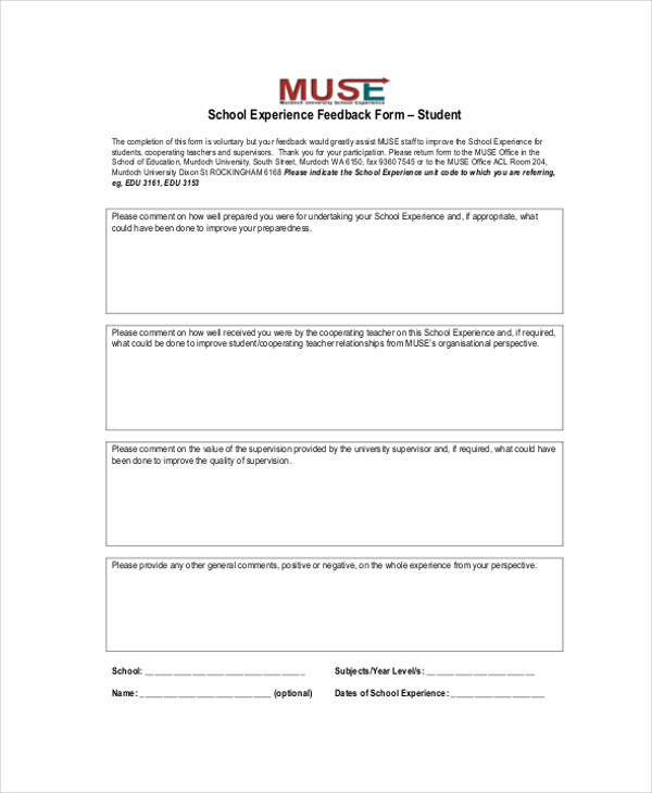 school student experience feedback form