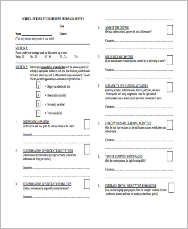 school student feedback form