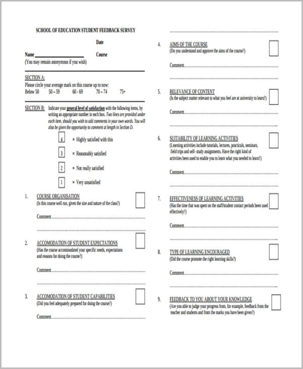 FREE 27+ Sample Student Feedback Forms in PDF | MS Word | Excel