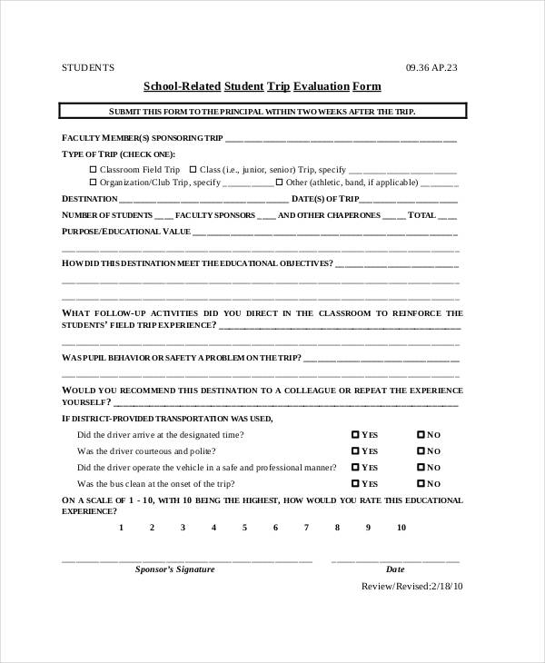 school student trip evaluation form