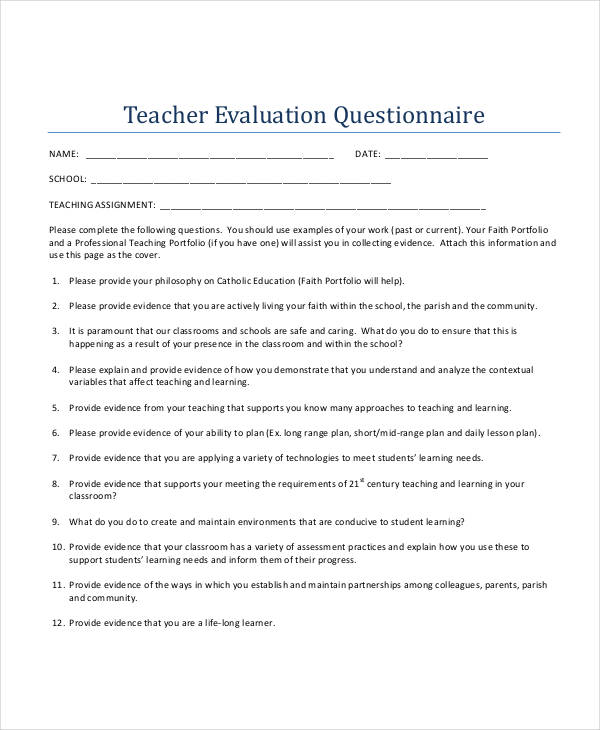 school teacher evaluation questionnaire