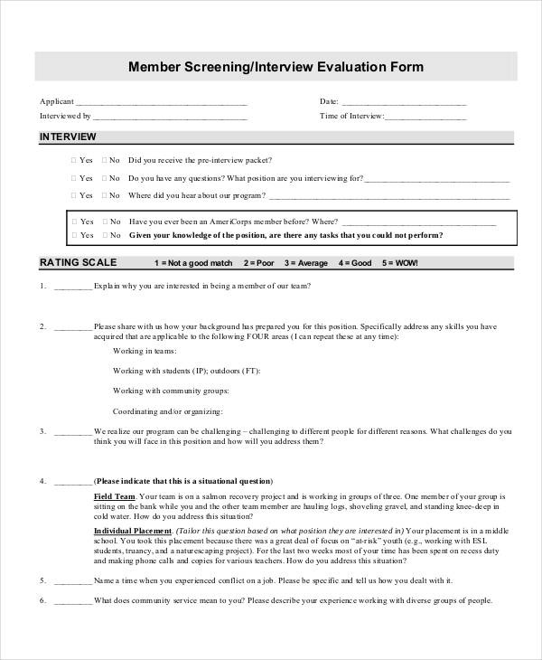 screening interview evaluation form