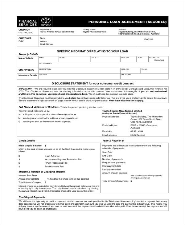secured personal loan agreement form