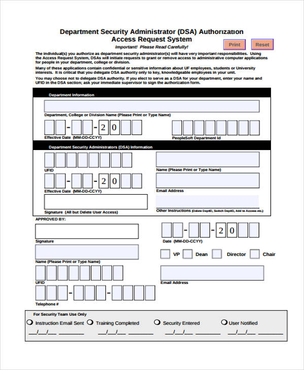 security administrator authorization form