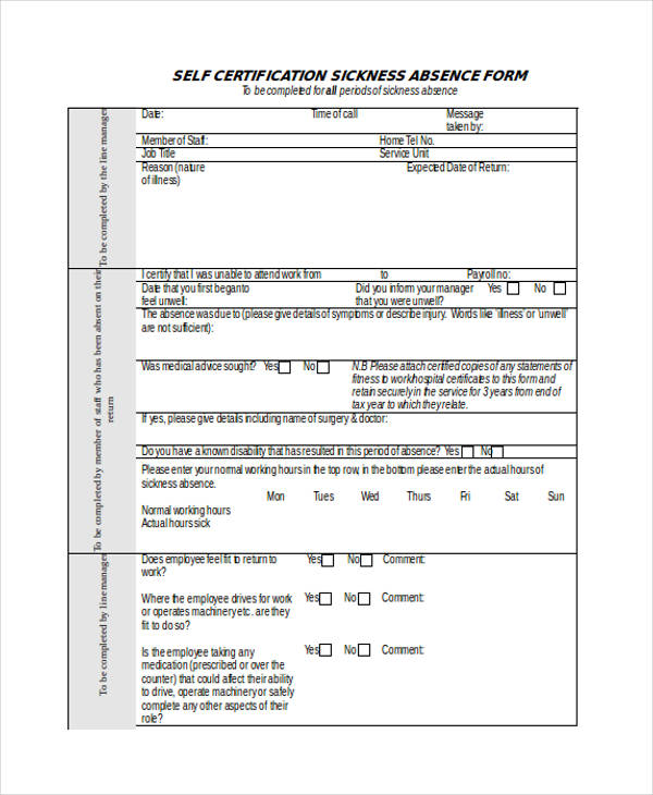 self certificate absence form word