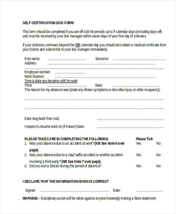 Printable Self Cert Sick Form Printable Forms Free Online