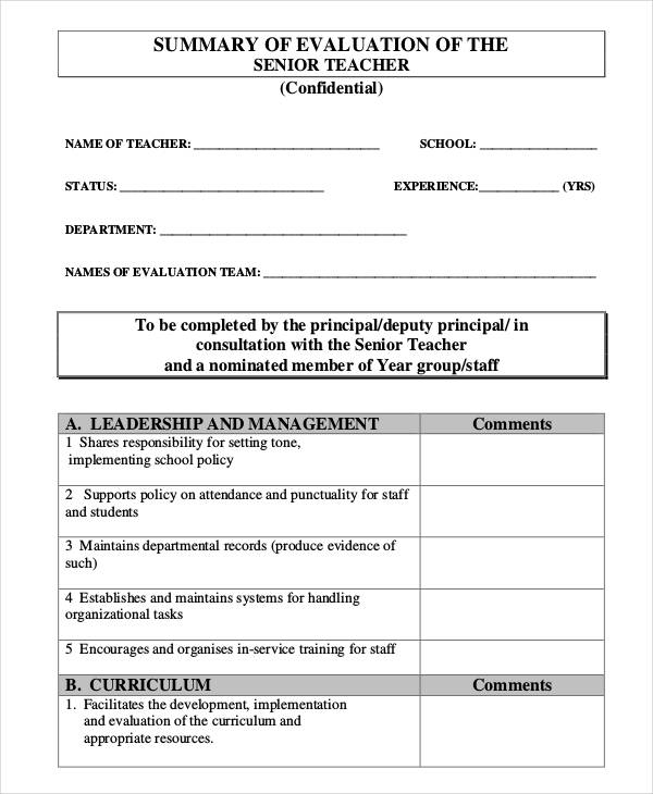senior teacher evaluation form
