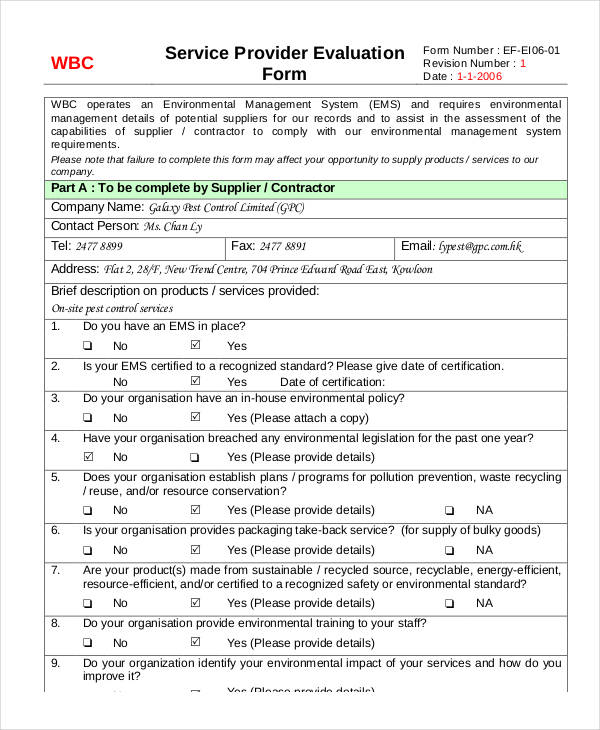 service provider evaluation form