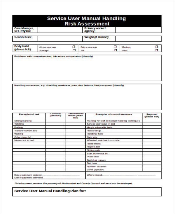 service user manual handling risk assessment