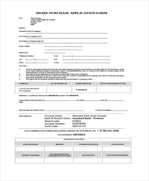 share purchase application form format