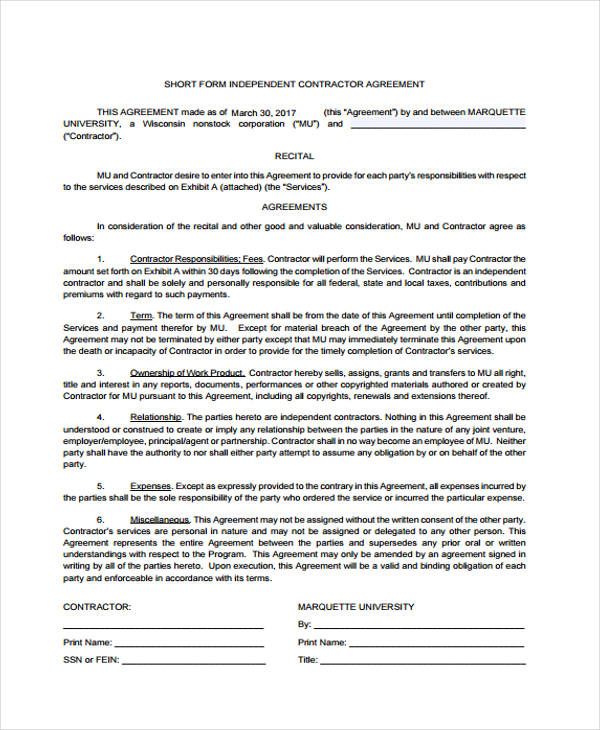 short term independent contractor agreement form