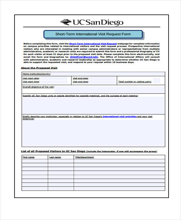 short term visitor travel request form