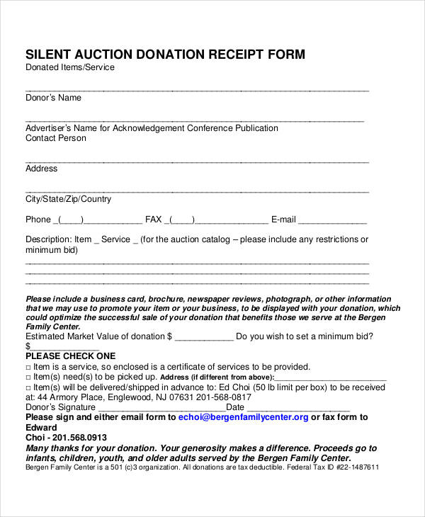 silent auction donation receipt form