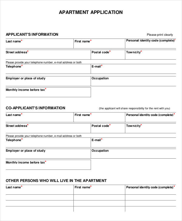 simple apartment application form