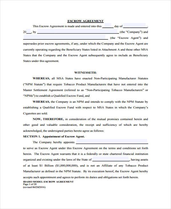 simple escrow agreement form