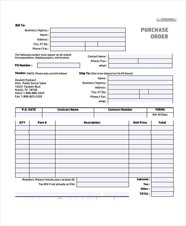 simple sample purchase order form