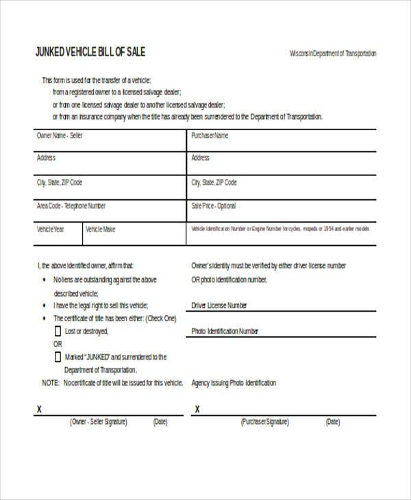 simple vehicle bill of sale form