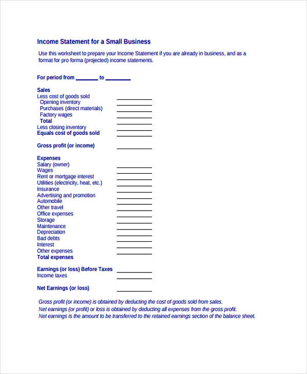 small business income statement form