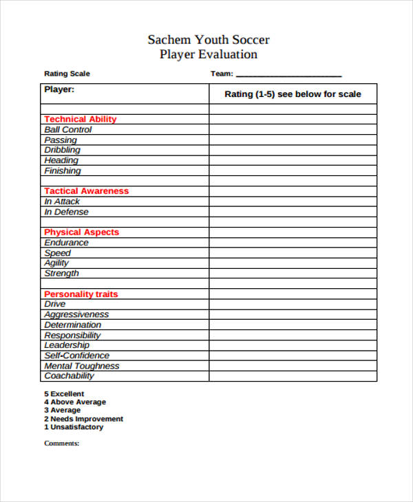 soccer training session evaluation form