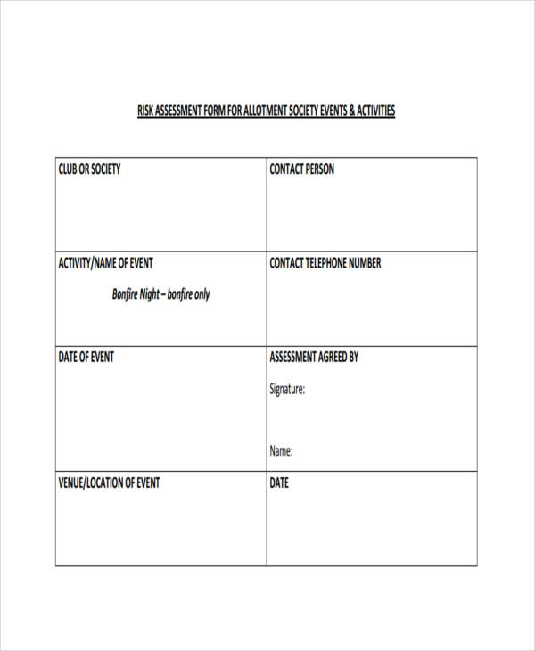 society events allotments risk assessment form